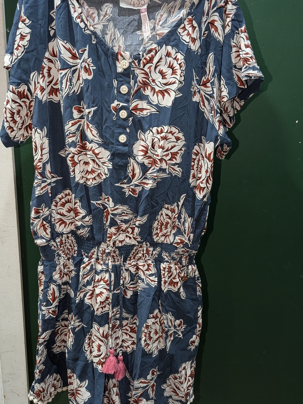 Floral Button-Front Blue Romper with Tassel Tie